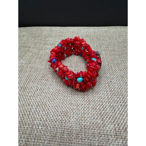 Carolyn Pollack Sterling Silver .925 Red Coral & Turquoise Mosaic Statement Brac - Picture 4 of 8